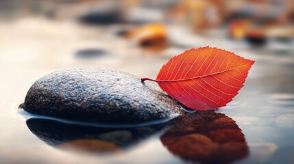 Canvas Print - Autumn Leaf Floating on Wet Pebbled Surface of Tranquil Stream or Pond Reflecting Fall Foliage Colors