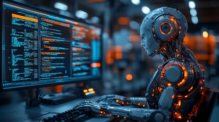 Advanced robot coding at a computer screen in a futuristic factory.