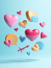 Aufkleber - Colorful floating 3D chat bubbles, hearts, and arrows create a playful atmosphere for communication and expression. Generative AI