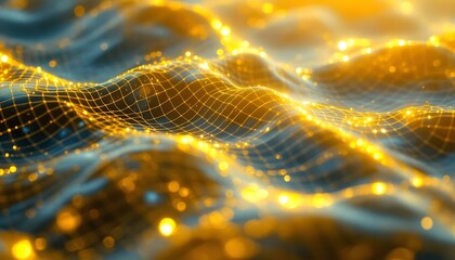 Fototapete - Bright yellow abstract netting grid waves background. Abstract yellow mesh texture with a wavy pattern. Golden gridded waves with sparkling lights. Golden particle wave abstract background