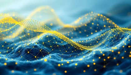Fototapete - Bright yellow abstract netting grid waves background. Abstract yellow mesh texture with a wavy pattern. Golden gridded waves with sparkling lights. Golden particle wave abstract background