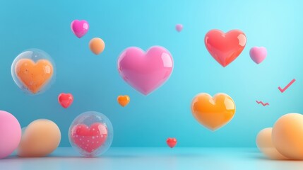 Fototapete - Floating 3D chat bubbles, hearts, and arrows create a whimsical atmosphere in a bright colored space. Generative AI