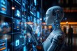 © Pixelbiz - Future consumer AI concept. A futuristic robot interacts with a holographic interface, showcasing advanced technology and digital data in a high-tech environment.