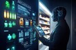 © Pixelbiz - Future consumer AI concept. A digital figure analyzes product data on a screen, showcasing the integration of technology in retail and inventory management.