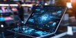 © Pixelbiz - Future consumer AI concept. A modern laptop displays a futuristic interface, featuring digital security elements and glowing graphics in a tech-savvy environment.