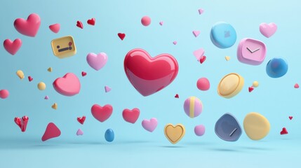 Leinwandbilder - Floating 3D chat bubbles and hearts creating a vibrant conversation atmosphere in a colorful space. Generative AI