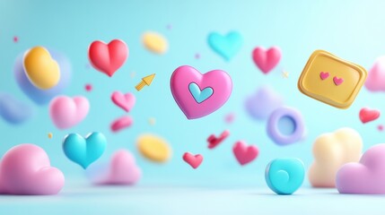 Wall Mural - Colorful floating 3D chat bubbles and hearts create a whimsical atmosphere in a playful digital space. Generative AI