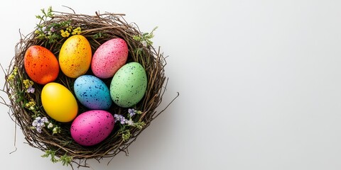 Colorful easter eggs arranged in a nest on a white background create a delightful springtime scene. The vibrant easter eggs in the nest evoke a sense of joy and celebration during Easter.