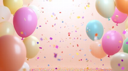 Poster - Colorful balloons and confetti create a fun atmosphere for celebrations and joyful gatherings in a festive setting. Generative AI