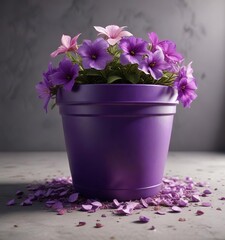 Purple flower pot with blooming flowers and fallen petals, bloom, pot, petals