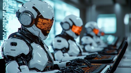 Futuristic Robots Engaged in Computer Programming in Modern Workspace
