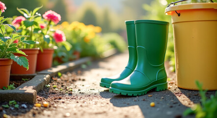 Wall Mural - Green boots pots of flowers on the ground