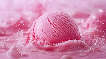 Wall Mural - Pink ice cream scoop splashing in pink liquid.