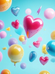 Poster - Floating 3D chat bubbles, colorful hearts, and arrows in a bright blue background create a playful, whimsical atmosphere. Generative AI