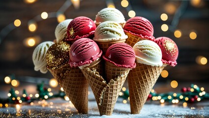 Wall Mural - Festive golden balls accent chocolate ice cream in cones and glasses, a seasonal holiday treat