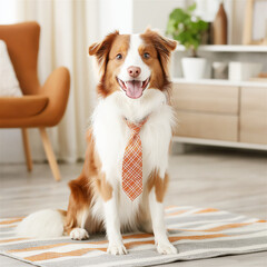 Adorable brown and white dog sitting in a modern living room, wearing a striped tie. The dog looks charming and ready for a formal day.