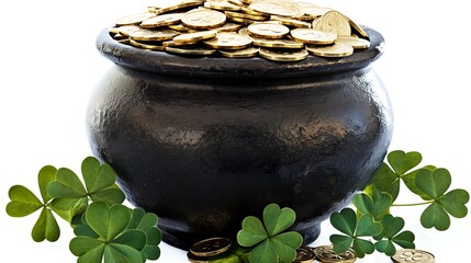 A black pot overflowing with gold coins, surrounded by green clovers.