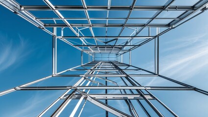 Canvas Print - A futuristic glass structure with steel accents reflects the urban sky