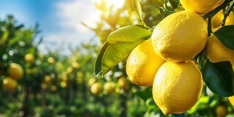 Canvas Print - Lush lemon fruits in a vibrant lemon garden under a clear summer sky create a picturesque scene. Enjoy the beauty of lemon fruits thriving in nature s embrace with this stunning lemon garden view.