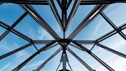 Canvas Print - A contemporary steel frame supports the glass roof structure, reflecting the blue sky in its urban design