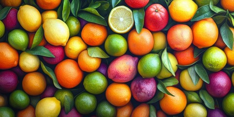 Wall Mural - Vibrant background featuring colorful fruits, including citrus orange, lemon, and lime, creating a lively and fresh atmosphere with these delightful colorful fruits on display.