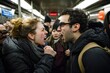 © Budsadee - A couple in a heated exchange on a crowded subway, with commuters glancing nervously