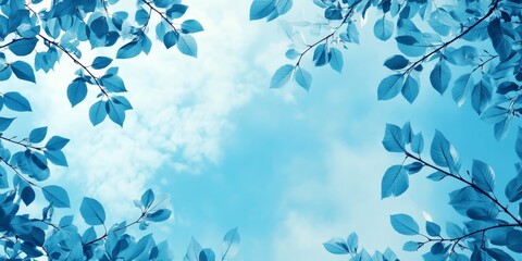 Wall Mural - Abstract background featuring tree leaves against a blue sky. The abstract representation of leaves creates a peaceful, tranquil atmosphere in various shades of blue, ideal for creative projects.