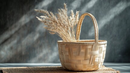 Wall Mural - Natural Basket Filled with Golden Wheat Surrounded by Rustic Charm Evoking a Sense of Abundance