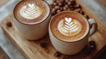 Wall Mural - two cups of coffee on a table with coffee beans, two cups of coffee sit next to a couple of coffee beans. seamless texture