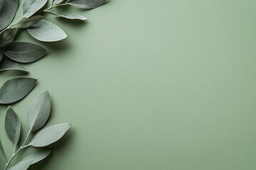 Wall Mural - gentle sage green background with faint gradient and leaves, creating serene and calming atmosphere. Perfect for nature themed designs or backgrounds