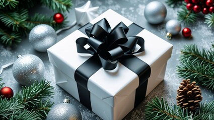 a festive green pine tree adorned with red and gold balls, bows, and gift boxes celebrates the holid
