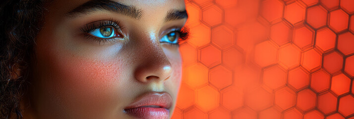 Poster - Minimal lines creating a honeycomb pattern from the forehead down to the chin, conveying subtle transitions in skin color,