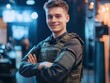 © hawarie aradha - Confident young security guard indoors, arms crossed, blurred background.
