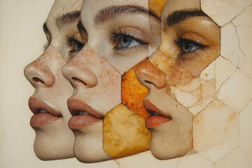 Poster - Three-tiered hex layers on cheekbones, each highlighting a different tone range, floating on a matte off-white surface,