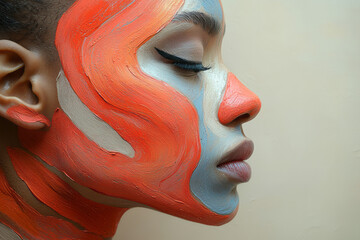 Poster - Three-tiered hex layers on cheekbones, each highlighting a different tone range, floating on a matte off-white surface,