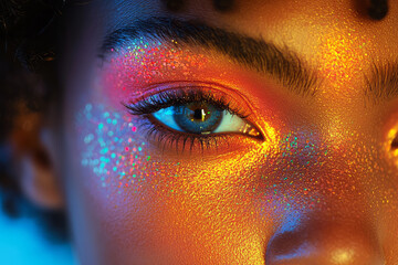 Poster - Bold makeup look contrasted by faint hex overlays, isolating certain spots of pigmentation for a modern editorial feel,
