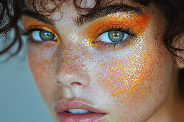 Poster - Bold makeup look contrasted by faint hex overlays, isolating certain spots of pigmentation for a modern editorial feel,