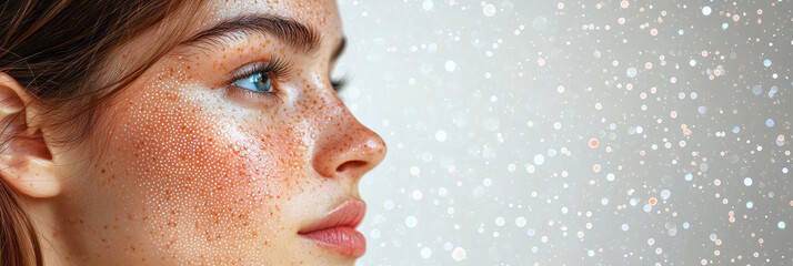Poster - Gentle partial profile with hex patterns lightly indicating moisture levels around the upper cheek, on a neutral tinted background,