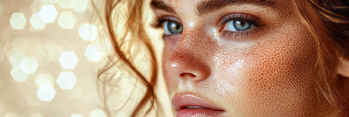 Poster - Gentle partial profile with hex patterns lightly indicating moisture levels around the upper cheek, on a neutral tinted background,