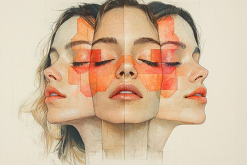 Leinwandbilder - Three-tiered hex layers on cheekbones, each highlighting a different tone range, floating on a matte off-white surface,