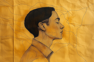 Leinwandbilder - A single silhouetted figure with line-art outlines of varying body shapes overlapping on a soft beige backdrop,