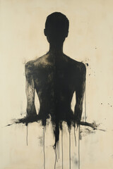 Leinwandbilder - A gender-neutral figure in fine black strokes, with faint line drawings of arms, legs, and torso shapes scattered around on a soft taupe background,