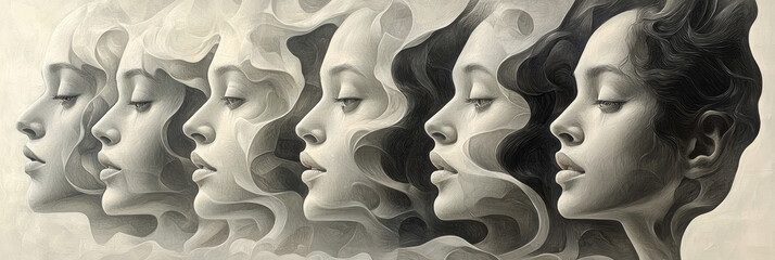 Leinwandbilder - A spiral-like arrangement of repeated figure outlines, each rotated slightly, on a flat pale gray scene,
