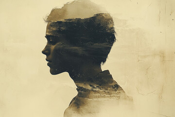 Leinwandbilder - Gradual fading outlines of a person turning left to right, culminating in a final forward-facing silhouette on a quiet beige,