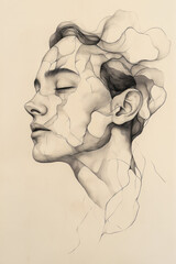 Poster - Sketchy continuous line looping into multiple torsos, eventually forming a single outline face, on a mild beige plane,