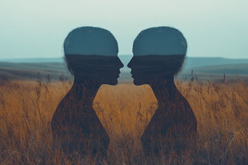 Leinwandbilder - A symmetrical arrangement of two mirrored silhouettes in the center, plus faint scattered body outlines around them, on a subdued neutral field,