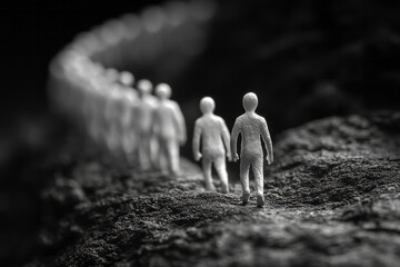 Fototapete - Monochromatic line art figures receding into the distance, except for a luminous one in front, symbolizing self-expression,