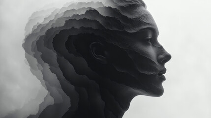 Leinwandbilder - Overlapping grayscale silhouettes stacked in a row, from behind which a radiant, saturated form emerges forward,