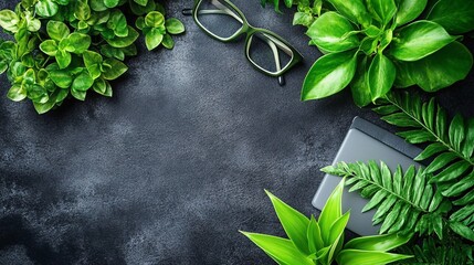 Poster - Green plants arranged around glasses and a tablet on a dark surface in a modern setting