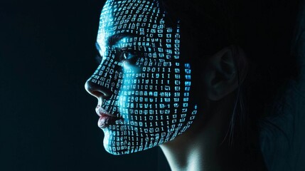 Digital Face Binary Code Portrait, Profile View, Technological Concept
